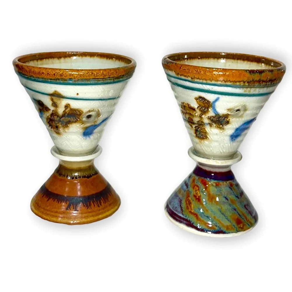 2 Handmade southwestern Artisan Wine Goblets Glazed Stoneware pottery Cups